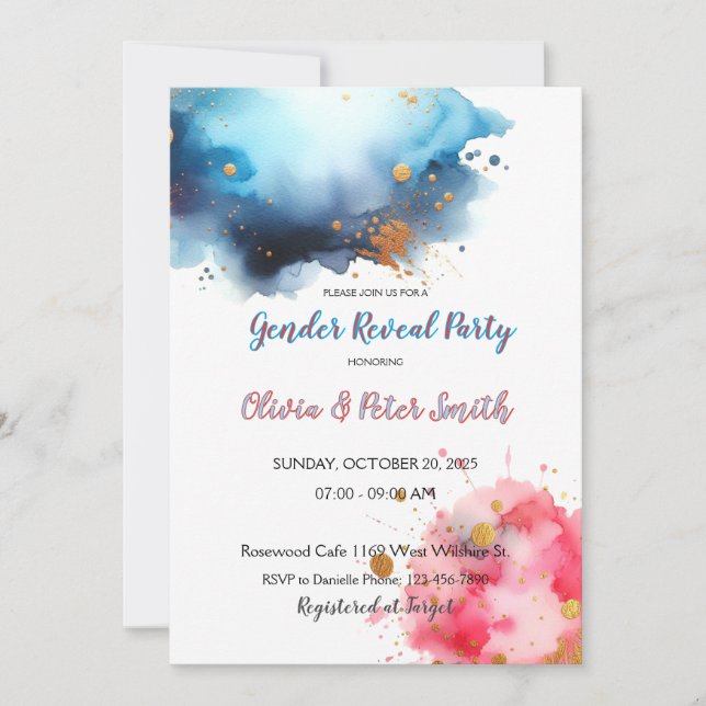 Pink and Blue Watercoloar Gender Reveal Invitation (Front)