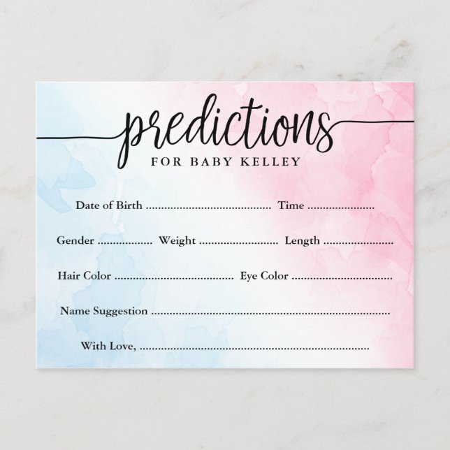 Pink and Blue Watercolor Baby Predictions Card (Front)