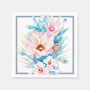Pink and blue watercolor floral napkin