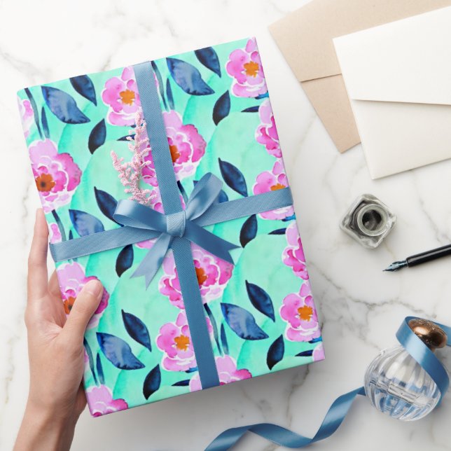 Pink and blue watercolor floral pattern wrapping paper (Gifting)