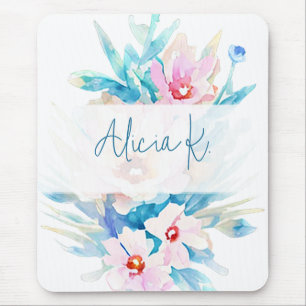 Pink and blue watercolor floral personalised mouse pad