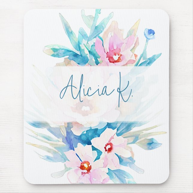 Pink and blue watercolor floral personalised mouse pad (Front)