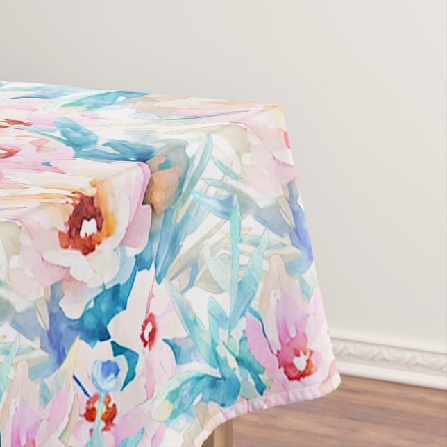Pink and blue watercolor floral tablecloth (In Situ)