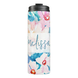 Pink and blue watercolor floral thermal tumbler