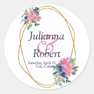 Pink and blue watercolor floral wedding classic r round sticker