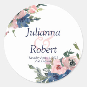 Pink and blue watercolor floral wedding classic r round sticker