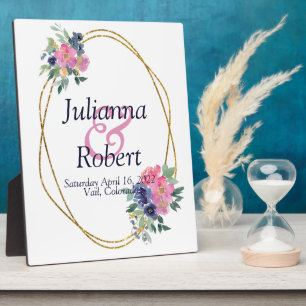 Pink and blue watercolor floral wedding plaque