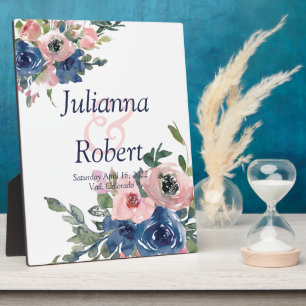 Pink and blue watercolor floral wedding plaque