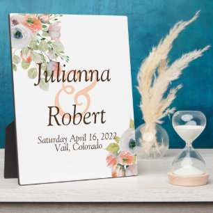 Pink and blue watercolor floral wedding plaque