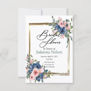 Pink and blue watercolor floral with gold frame  i invitation