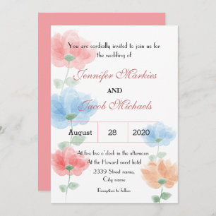Pink and blue watercolor flower wedding invitation