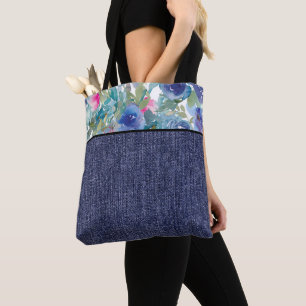 Pink and blue watercolor flowers and denim tote bag