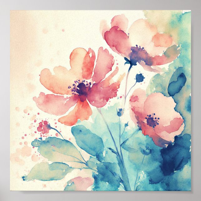 Pink and blue watercolor flowers art poster (Front)