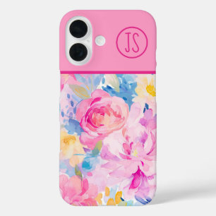 Pink and Blue Watercolor Flowers Monogrammed iPhone 16 Case