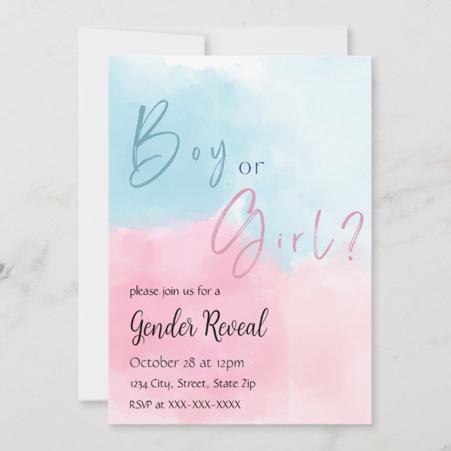 Pink and Blue Watercolor Gender Reveal Invitation (Front)