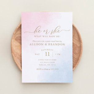 Pink and Blue Watercolor Gender Reveal Invitation