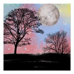 Pink And Blue Watercolor Sky Trees And Moon Poster