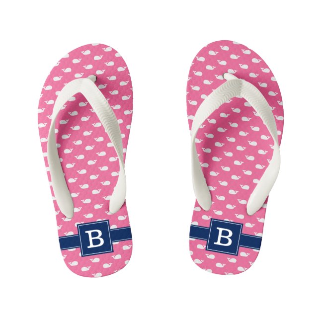 Pink and Blue Whales Square Monogram Kid's Thongs (Footbed)