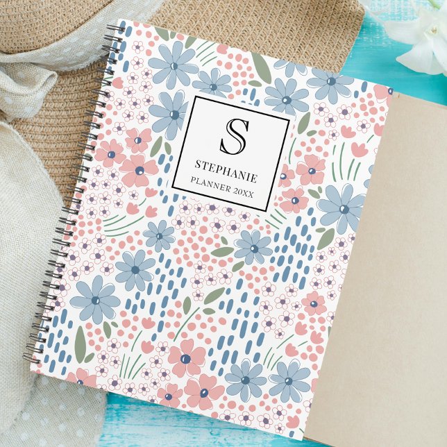 Pink and Blue Whimsical Floral Pattern Monogram Planner (Creator Uploaded)