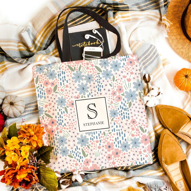 Pink and Blue Whimsical Floral Pattern Monogram Tote Bag (Creator Uploaded)