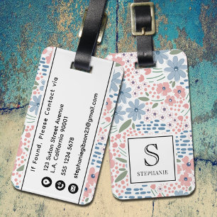 Pink and Blue Whimsical Flowers Pattern Monogram Luggage Tag