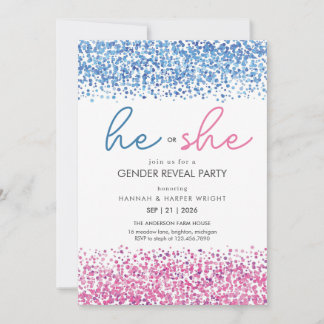 Pink and Blue white Gliter He or She Gender Reveal Invitation