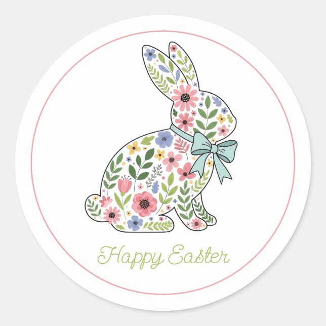 Pink and Blue Wildflower Easter Rabbit Classic Round Sticker (Front)