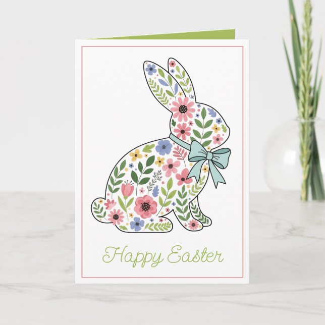Pink and Blue Wildflower Easter Rabbit Holiday Card (Front)