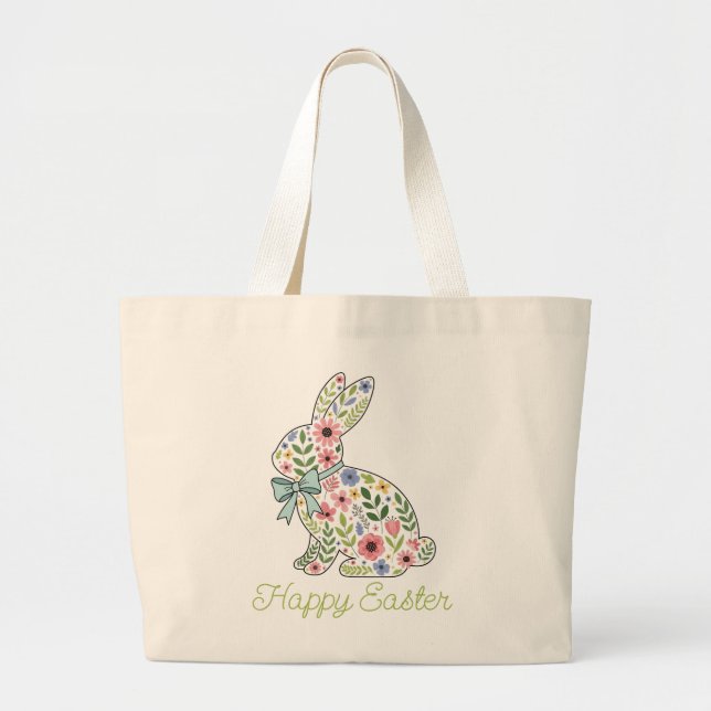 Pink and Blue Wildflower Easter Rabbit Large Tote Bag (Front)