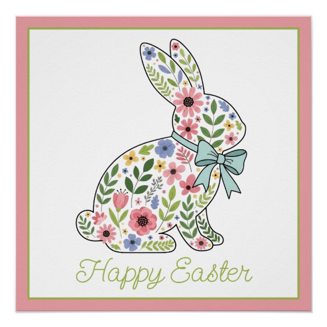 Pink and Blue Wildflower Easter Rabbit Poster (Front)