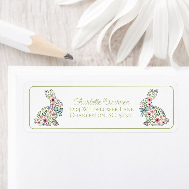 Pink and Blue Wildflower Easter Rabbit Return Address Label (Insitu)