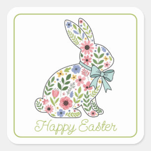 Pink and Blue Wildflower Easter Rabbit Square Sticker