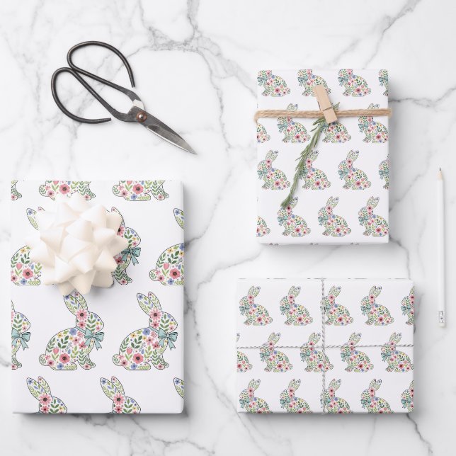 Pink and Blue Wildflower Easter Rabbit Wrapping Paper Sheet (Front)