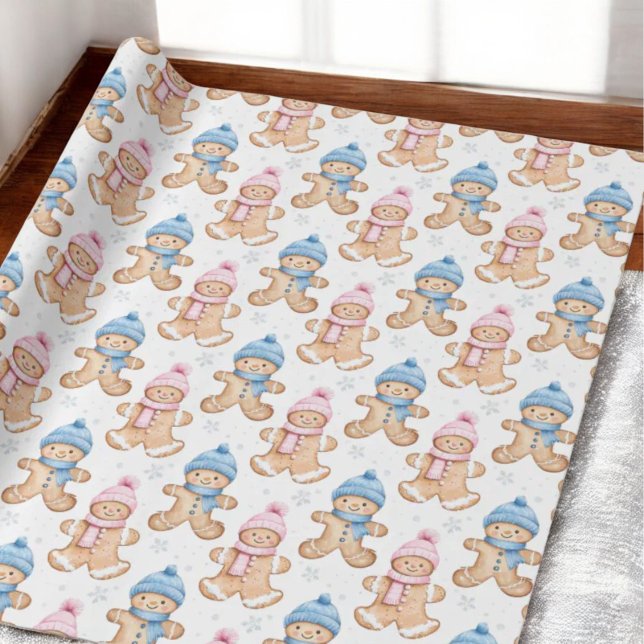 Pink and Blue Winter Gingerbread Gender Reveal Wrapping Paper (Creator Uploaded)