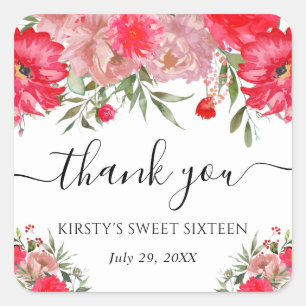 Pink and Blush Summer Flowers Sweet 16 Square Sticker