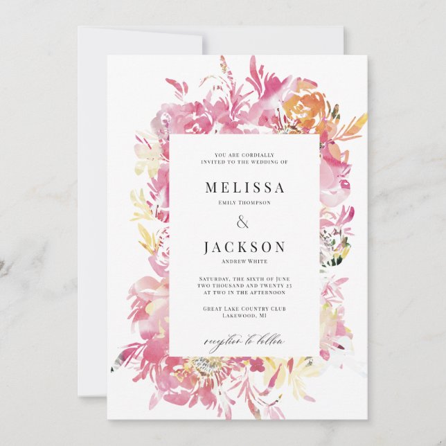 Pink and Blush Watercolor Flower Wedding Invitation (Front)