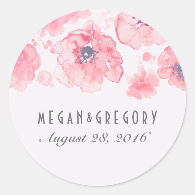 Pink and Blush Watercolor Flowers Wedding Classic Round Sticker (Front)