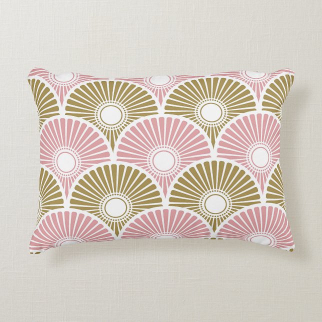 Pink and Brass Chinese Semi Circle Wave Pattern Decorative Cushion (Front)