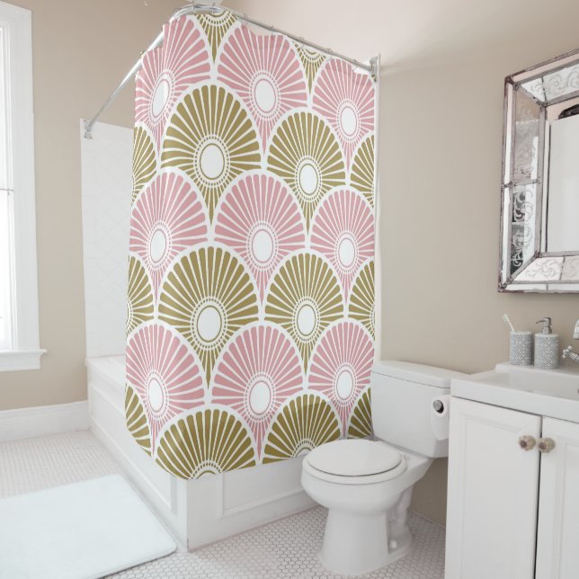 Pink and Brass Chinese Semi Circle Wave Pattern  Shower Curtain (In Situ)