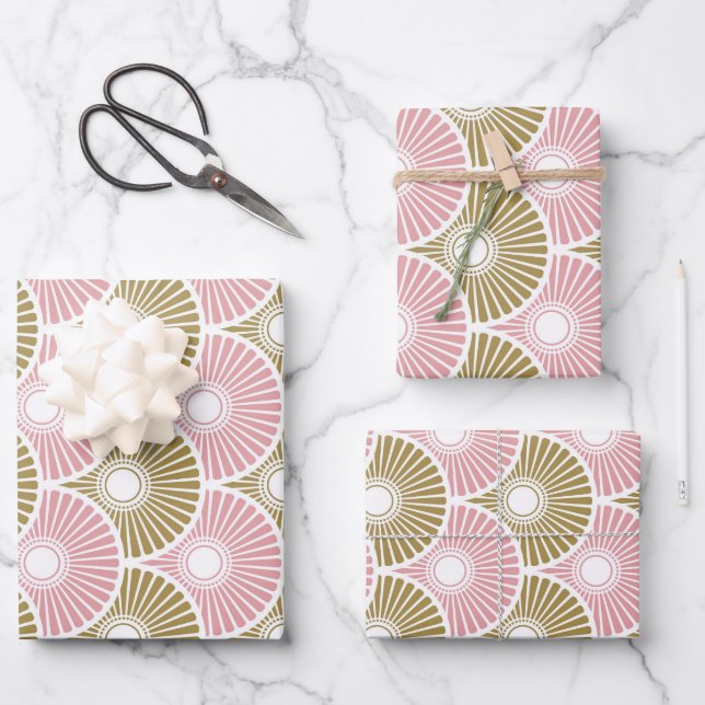 Pink and Brass Semi Circle Wave Pattern Wrapping Paper Sheet (Front)