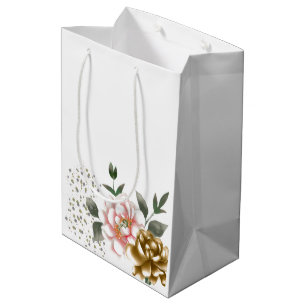 Pink and Bronze Peony Flowers and Confetti Dots Medium Gift Bag