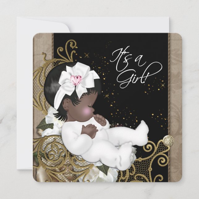 Pink and Brown African American Baby Girl Shower Invitation (Front)