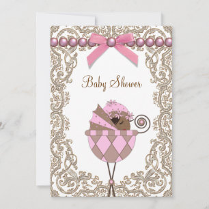 Pink and Brown African American Baby Girl Shower Invitation