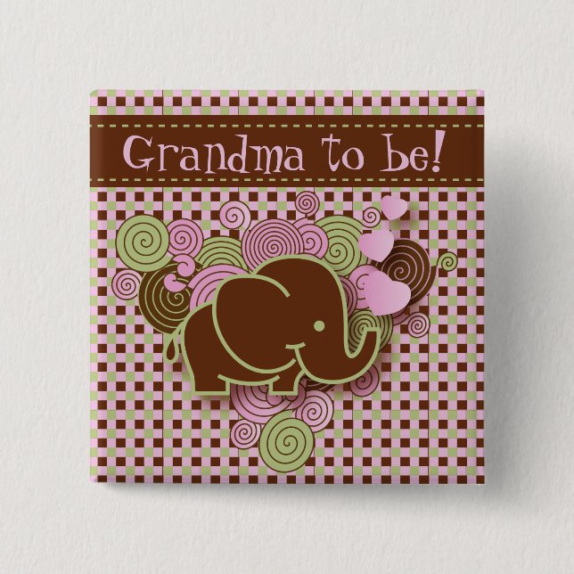 Pink and Brown Baby Elephant | Grandma to be 15 Cm Square Badge (Front)