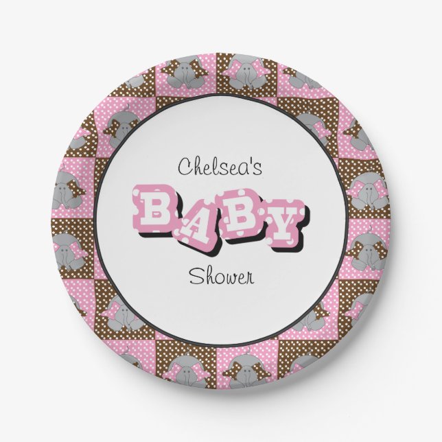 Pink and Brown Baby Elephants | Personalise Paper Plate (Front)