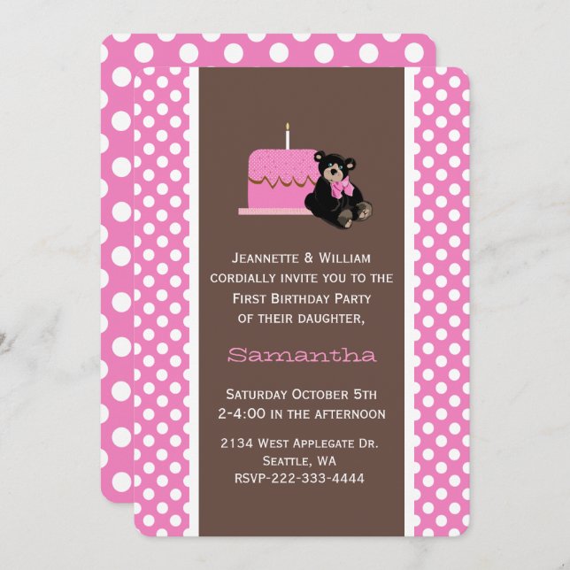 Pink and Brown Baby's First Birthday Invitation (Front/Back)