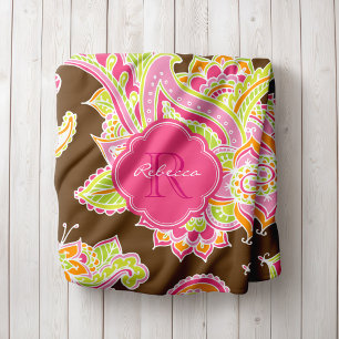 Pink and Brown Boho Paisley Monogrammed Fleece Blanket