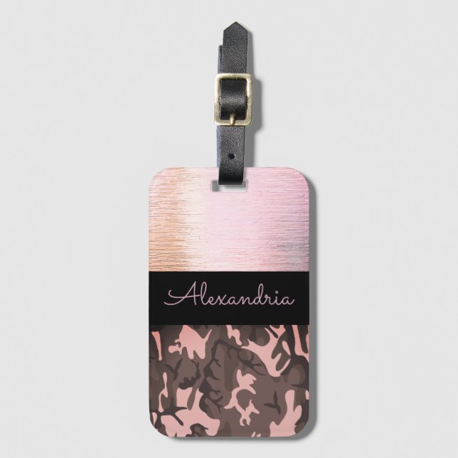 Pink and Brown Camo Personalised Luggage Tag (Front Vertical)