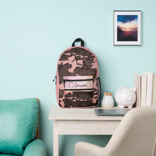 Pink and Brown Camo Shimmery Chic Personalised Printed Backpack (Insitu)