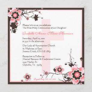 Pink and Brown Cherry Blossom Communion Invitation